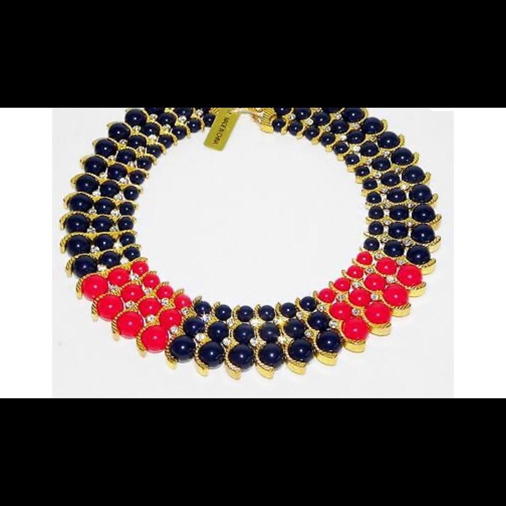 IMAN, beaded rhinestone bib necklace navy and red.